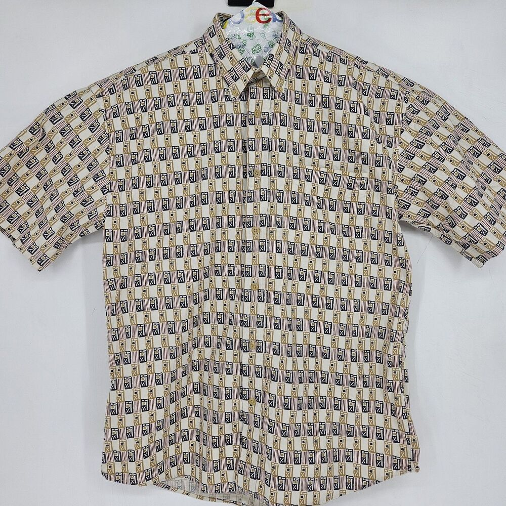 Supreme Shirt Mens Medium Tan Black Abstract Print Button Up Short Sleeve Cotton